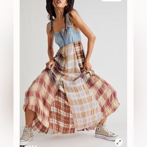Free People Mix It Up Plaid Overall Patchwork Shabby Chic Maxi Dress